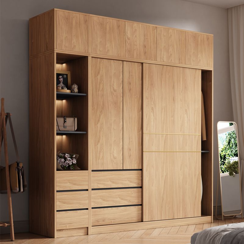 Natürliche Finish -Garderobe Armoire Schiebedarderobe Kabinett mit Schublade