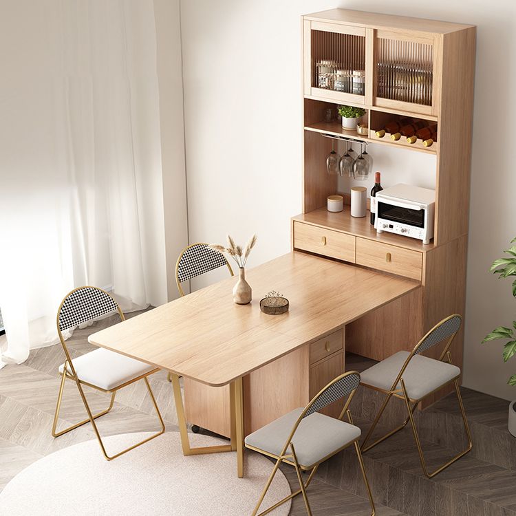 Mesa de comedor rectangular de madera natural, mesa plegable con base de almacenamiento