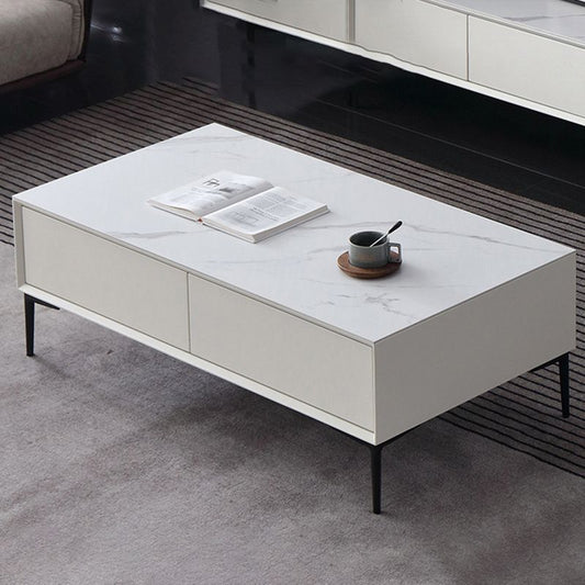 Tavolino bianco rettangolare con 4 cassetti e 4 gambe metalliche