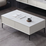 Tavolino bianco rettangolare con 4 cassetti e 4 gambe metalliche