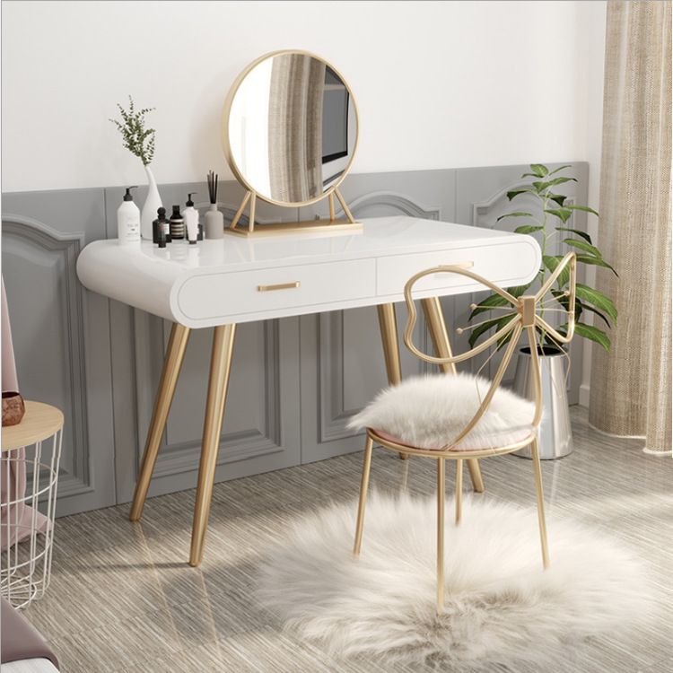 White Wood Makeup Vanity with 2 Drawers Mirrored Dressing Table Stool Set