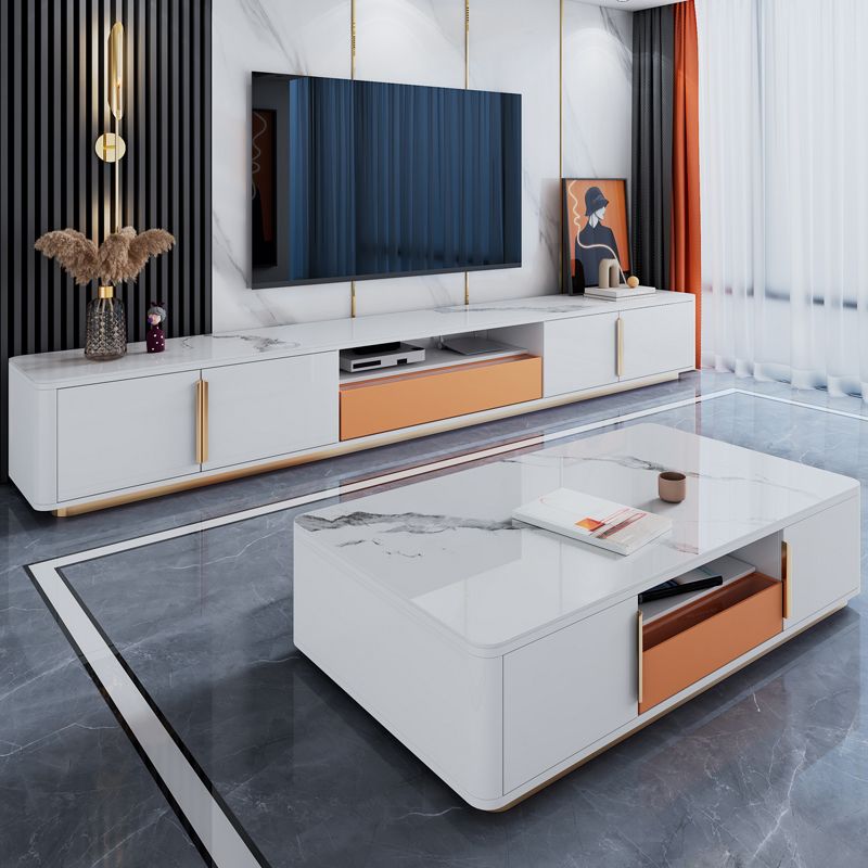 Glam Stone TV Media Open Rangement Media Console en blanc avec stockage