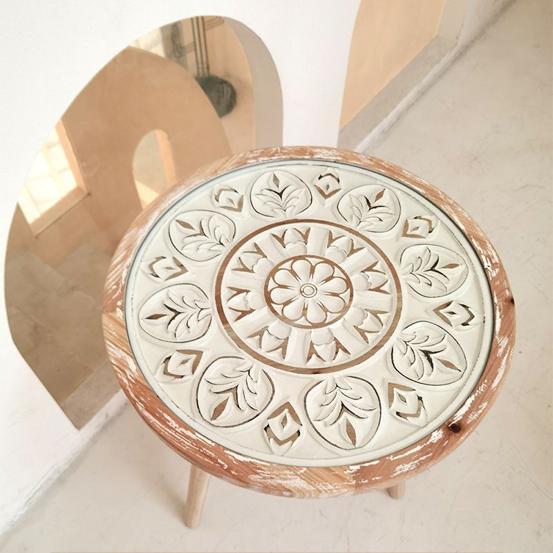 French Country 3 Legs Sofa Side Accent Table Solid Wood Round End Table