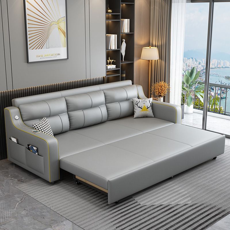 Contemporary Grey Bonded Leather Sleeper Sofa with Box and Cushion Back Clearhalo 'furn' 'furn_futons' 'Furniture' 'Futons & Daybeds' 'Futons' 'Living Room Furniture' 1200x1200_ecc9b2c8-1efa-48cb-bf8d-5e4c9dd0abe9