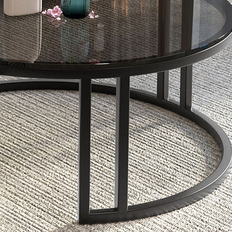 Table basse ronde avec plateau en verre, ensemble de 2 tables basses gigognes avec rangement