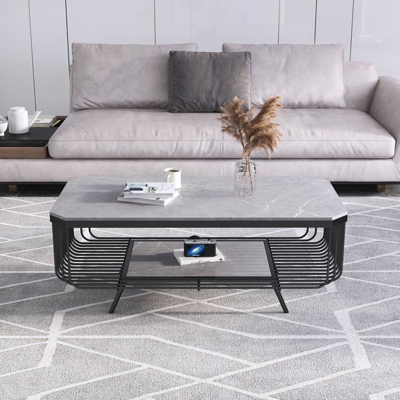 17.7" H Glam Rectangle Slate Coffee Table Iron 4 Legs Cocktail Table with Shelf Clearhalo 'Coffee & Accent Tables' 'Coffee Tables' 'coffee_tables' 'furn' 'furn_coffee_tables' 'Furniture' 'Living Room Furniture' 1200x1200_ece50514-f90f-4c65-baf8-116d47922bc6