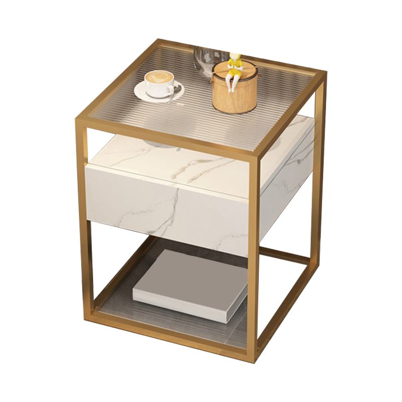 Tableau supérieur en verre carré / pierre 21.26 "Table d'appoint à 1 tirage de haut avec étagère de rangement