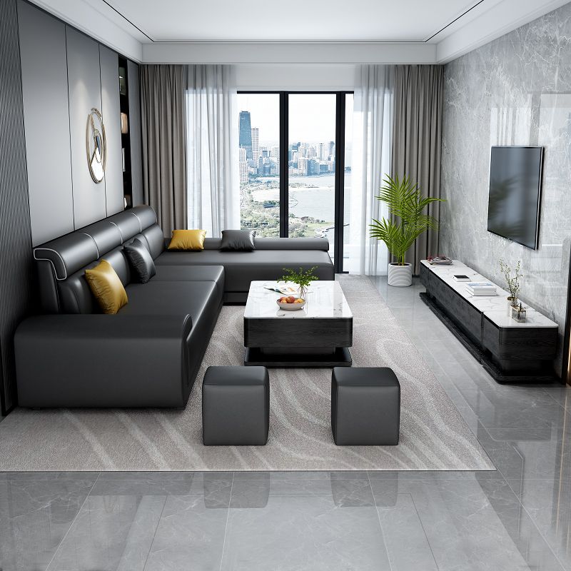 リビングルーム用の4席のコンテンポラリーファブリック/フェイクレザーピロートップアームソファソファ