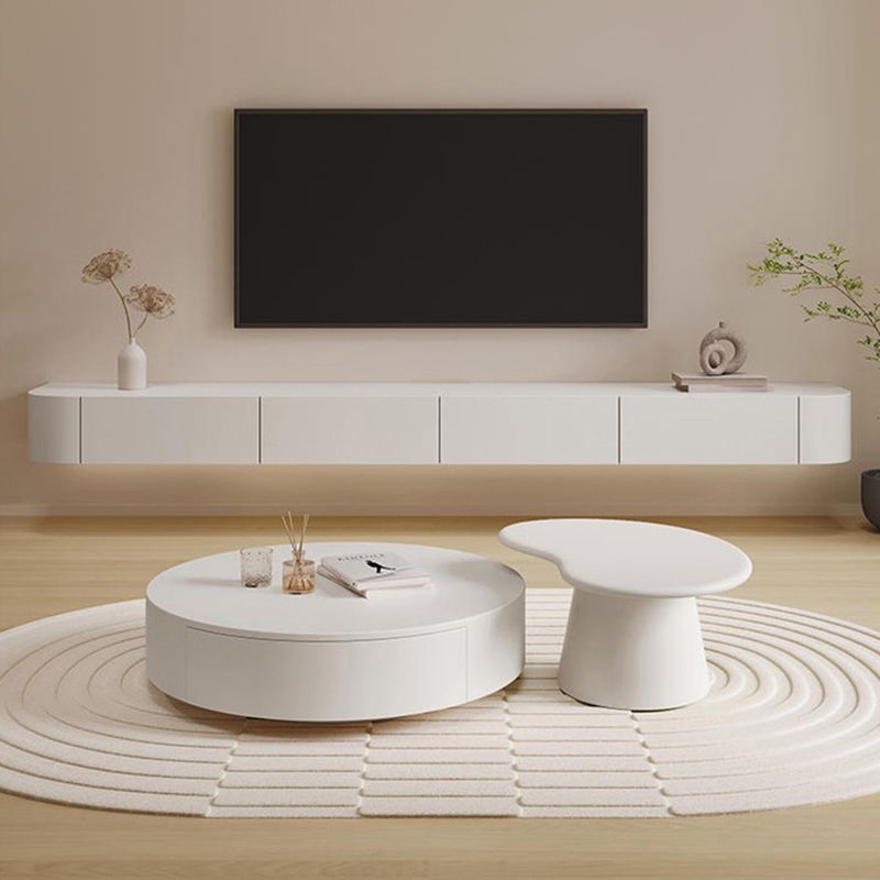 Support multimédia mural blanc avec tiroirs, console TV contemporaine, imitation bois