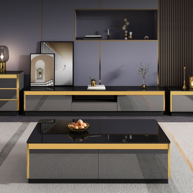 Glam TV Media Stand avec des tiroirs et une console de média TV en verre en bois