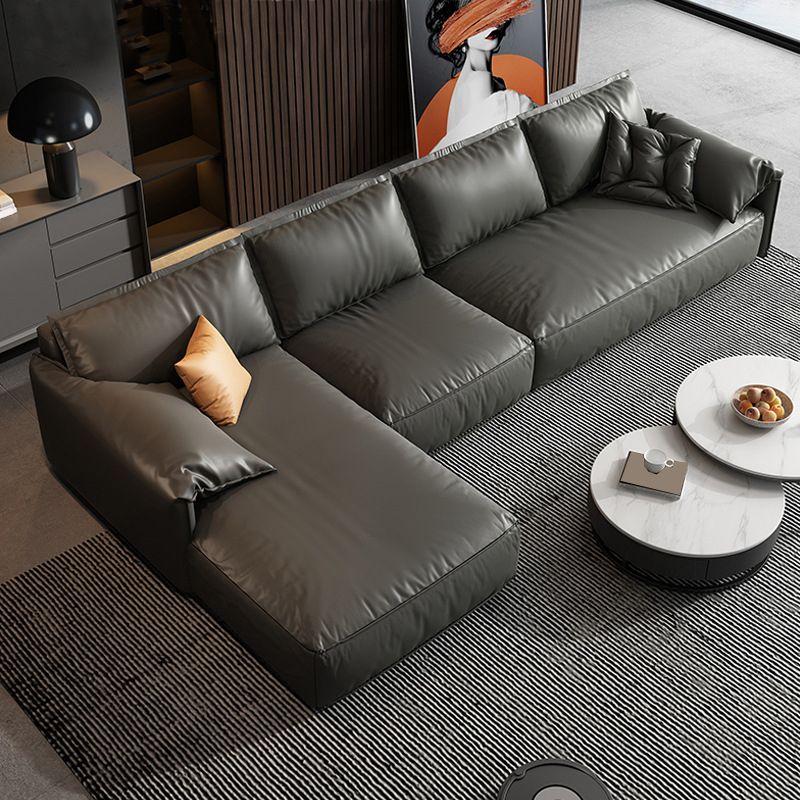 Sezionali di cuscini in pelle vera nera sezioni fisse in legno da 70 "