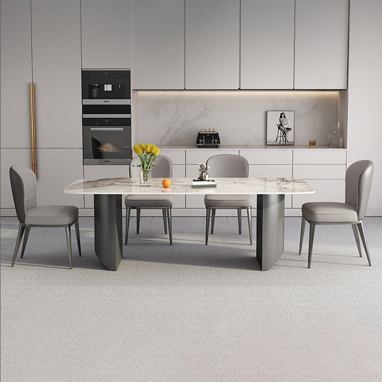 White Stone Top Dining Table Rectangular Tabletop with Metal Double Pedestal Base Clearhalo 'Dining Tables & Seating' 'Dining Tables' 'dining_table' 'furn' 'furn_dining_table' 'Furniture' 'Kitchen & Dining Furniture' 1200x1200_ed55ced3-a001-45bd-8b74-b92301bdc993