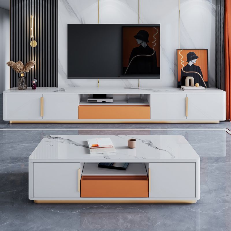 Glam Stone TV Media Open Rangement Media Console en blanc avec stockage