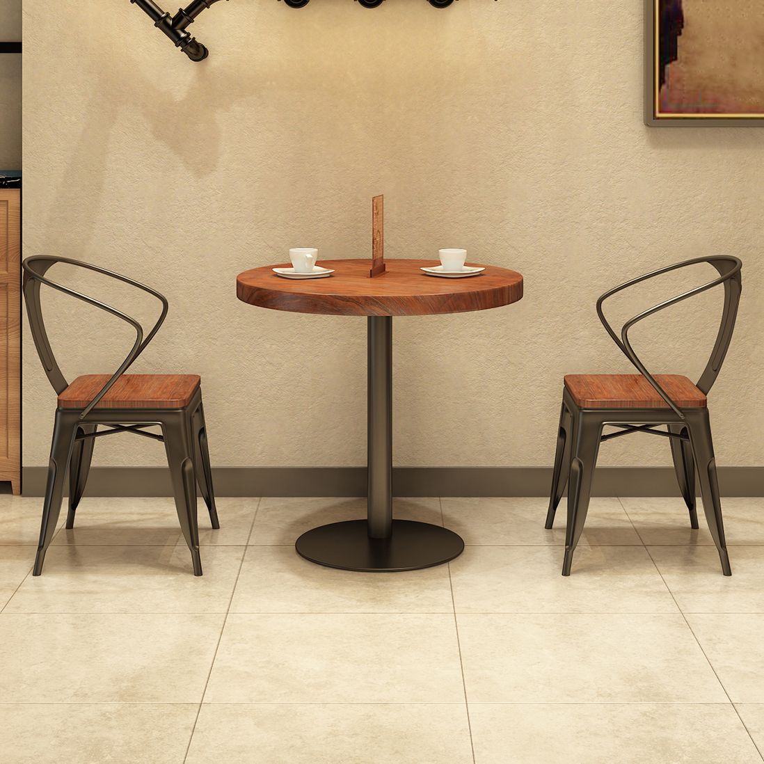 キッチンとダイニングルーム用のメタルモダンラウンド屋内テーブルパインウッドトップテーブル