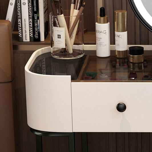 Contemporary Glass Top Make-up Vanity with Drawers in Wooden Frame