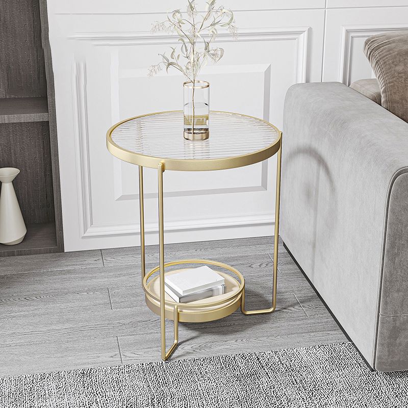 Modern 23.62" Tall Iron Frame End Table Round Glass Top Side Table with Shelf
