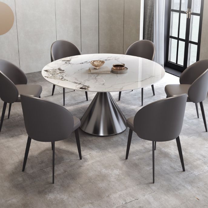 Tavolo da pranzo moderno di pietra bianca rotonda con piedistallo grigio