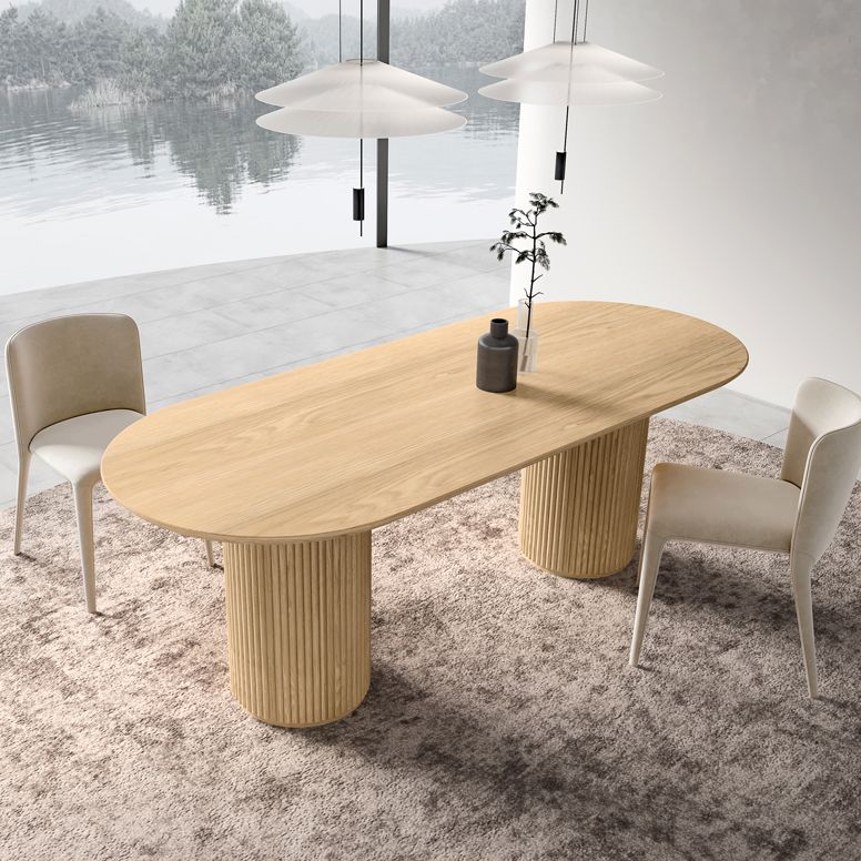 Natürlicher ovaler Esstisch aus massivem Kiefernholz, moderner Tisch mit Doppelsäule