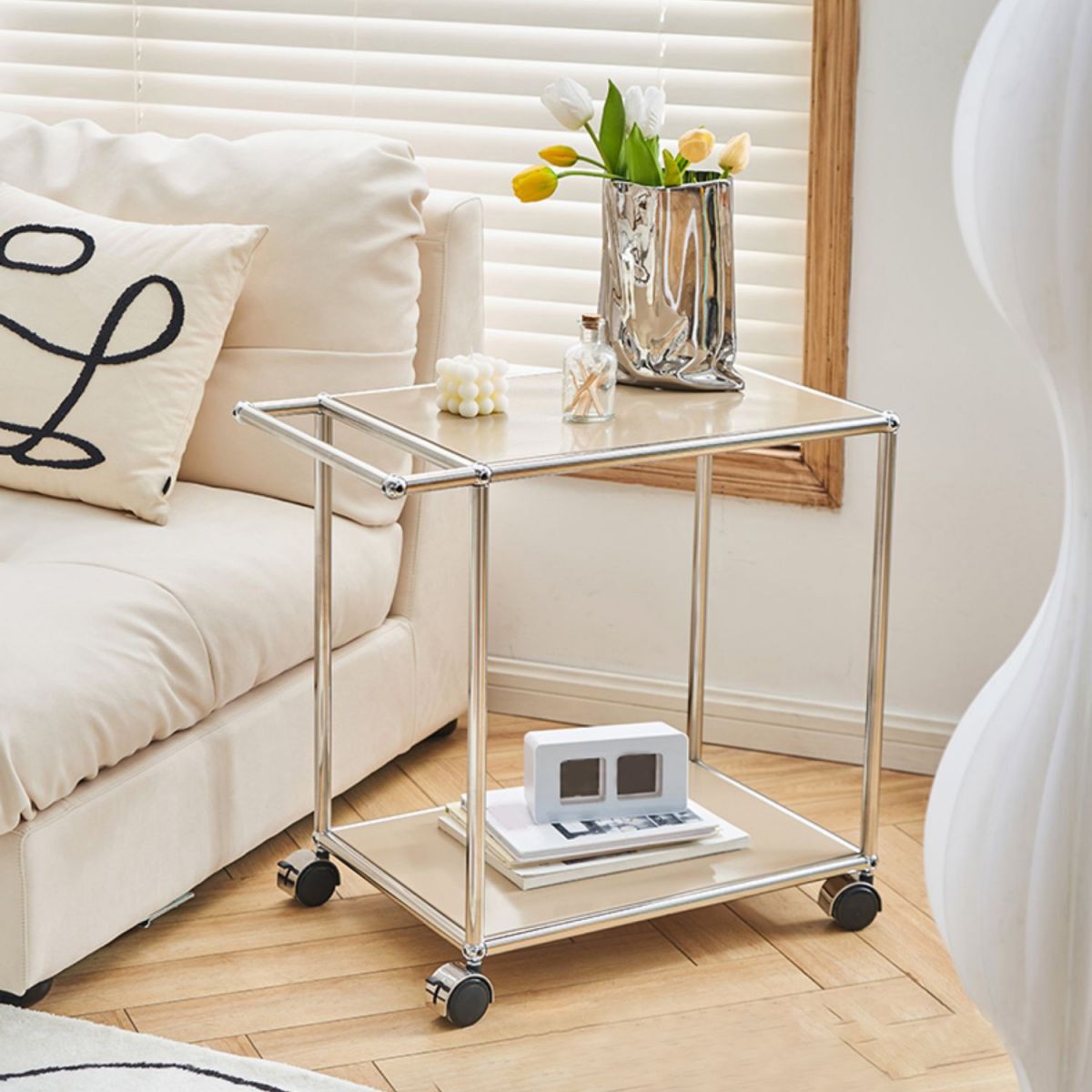 Medieval Modern Style Rectangular Metal Side Table with Wheel Base Design