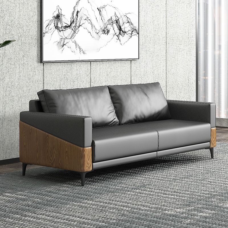Standard Black Sofa Faux Leather Contemporary Sofa with Pillow for Living Room