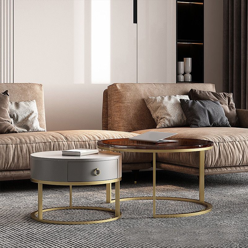 Modern Style Tempered Glass & Rock Sheet Top Gold Metal Base Round Coffee Table Clearhalo 'Coffee & Accent Tables' 'Coffee Tables' 'coffee_tables' 'furn' 'furn_coffee_tables' 'Furniture' 'furniture_coffee_tables' 'Living Room Furniture' 1200x1200_ee02fc5e-625b-4d33-9fb0-edf451aec5b5