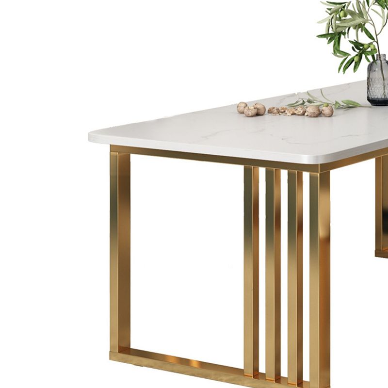 Glam Stone Dining Table Rectangle Iron Table with Double Pedestal Table