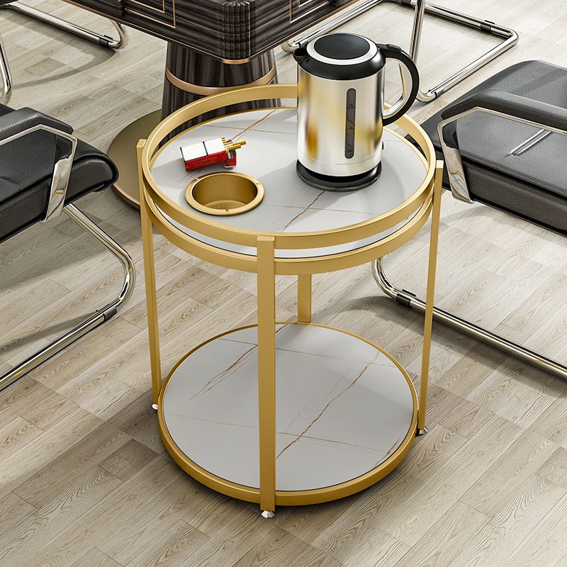 モダンメタルフレームエンドテーブルスレートラウンドダブルティアエンドテーブル