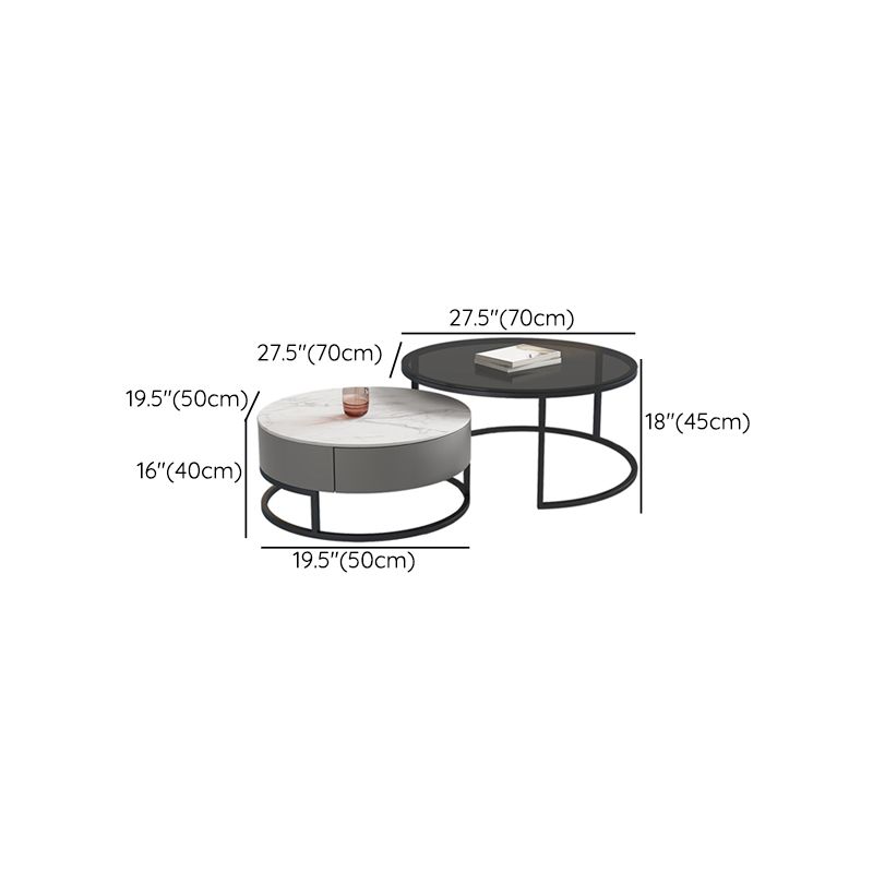 Modern Round Glass & Slate Coffee Table Set Frame Cocktail Table with Drawer Clearhalo 'Coffee & Accent Tables' 'Coffee Tables' 'coffee_tables' 'furn' 'furn_coffee_tables' 'Furniture' 'Living Room Furniture' 1200x1200_ee2c0e9c-6d1c-49d2-ac2b-6dae357cbd8a