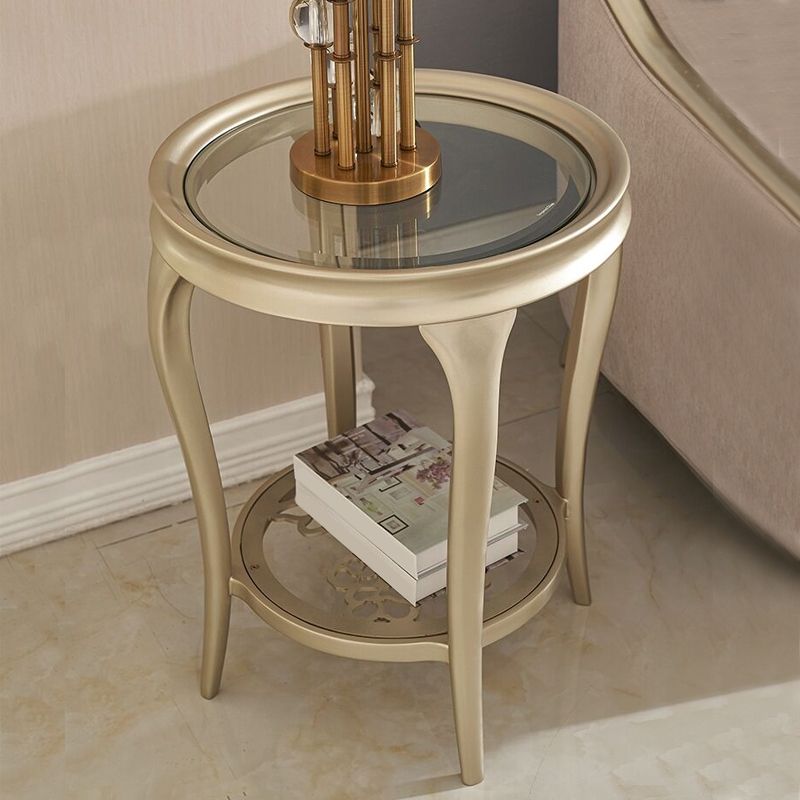 Table d'appoint en verre rond de 25,6 "de haut en bois à 4 jambes table de bout avec étagère