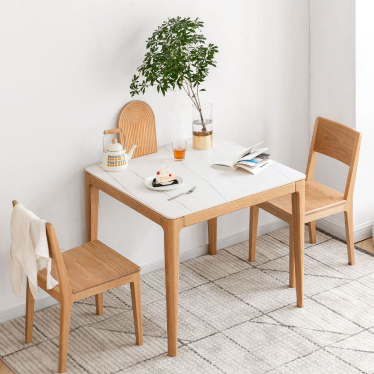 Modern Square White Stone Tabletop Dining Table with 4 Oak Legs Clearhalo 'Dining Tables & Seating' 'Dining Tables' 'dining_table' 'furn' 'furn_dining_table' 'Furniture' 'Kitchen & Dining Furniture' 1200x1200_ee6c38cd-aed4-43df-b884-061f5592846c
