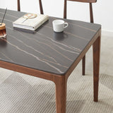 Mesa rectangular de estilo industrial, mesa de piedra sinterizada con patas de madera para uso doméstico