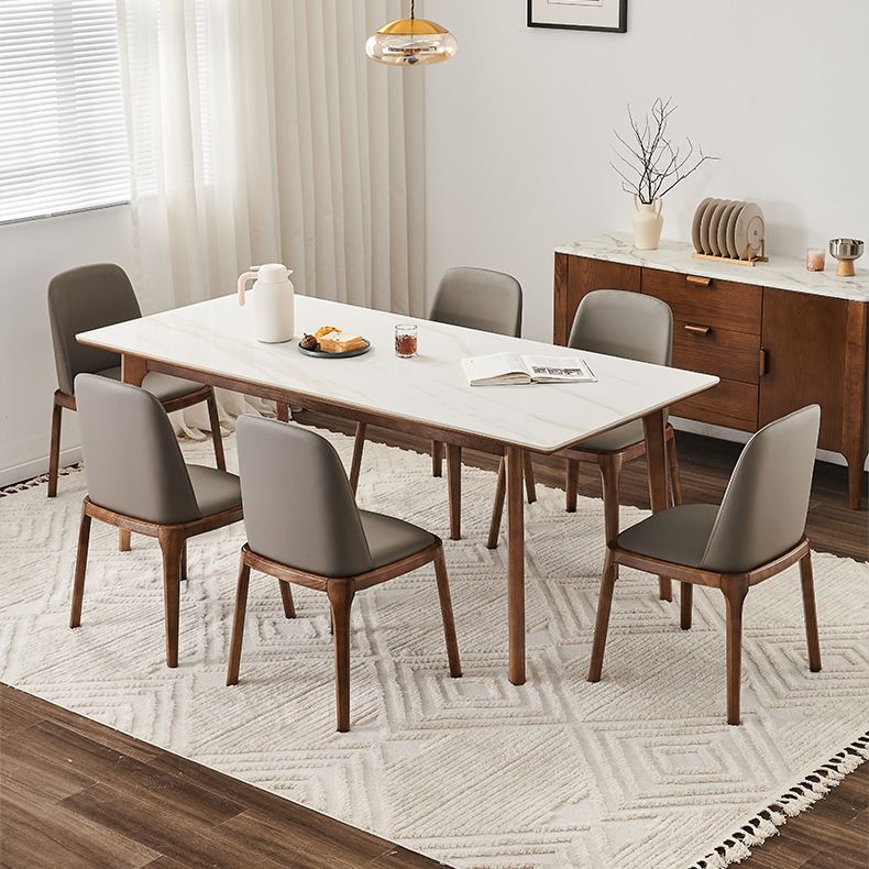 Mesa de comedor rectangular de piedra blanca contemporánea con 4 pies