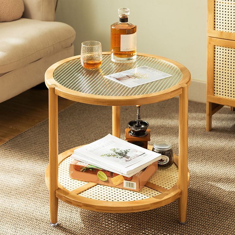 19.68" Tall Round Glass Top Side Table Wood 3 Legs End Table with Shelf