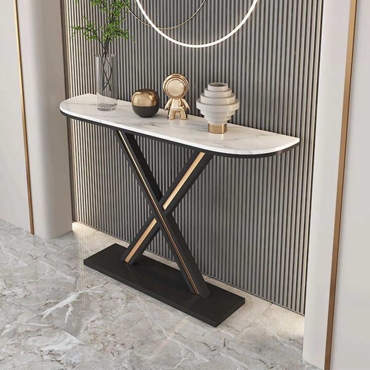 Half Moon Stone Top Accent Table with Black Iron Pedestal Base Clearhalo 'Console Tables' 'console_tables' 'Entry & Mudroom Furniture' 'furn' 'furn_console_tables' 'Furniture' 1200x1200_eebfba9c-56e8-4c30-969a-f096e22d1b3d