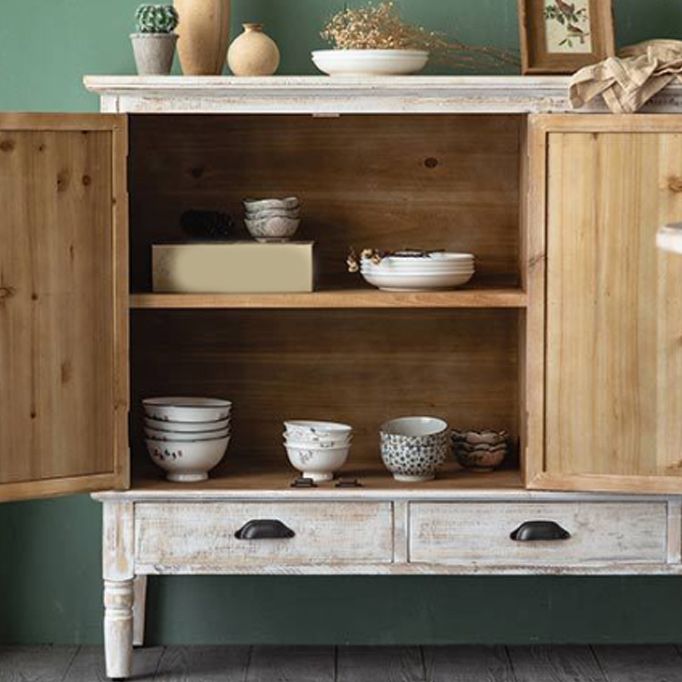 Gabinete de acento industrial con patas y estante de madera gabinete de madera angustiada