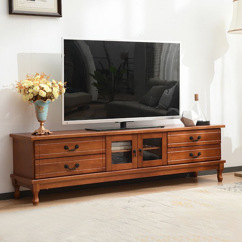 Traditioneel massief houten tv-meubel, 19,7 inch H tv-console met 4 lades en kast