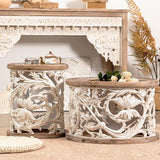 アイアンドラムエンドテーブルラウンドウッドトレイトップサイドエンドテーブル - 苦しめられた表面処理