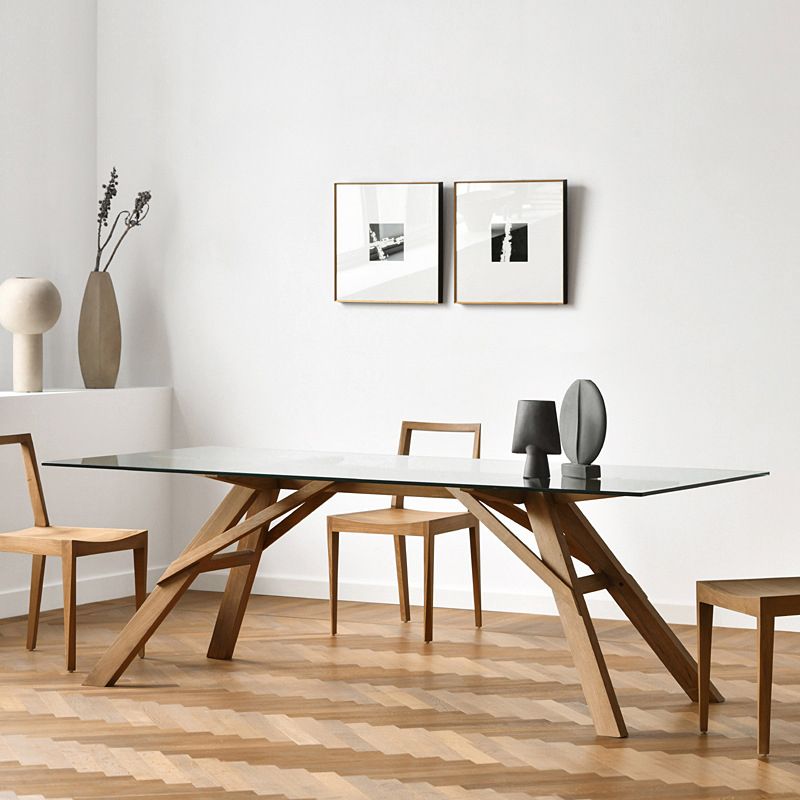 Table à manger en verre en verre moderne avec base en bois massif