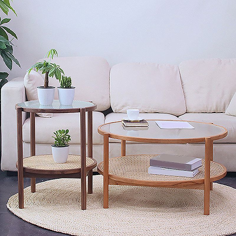 4 Legs Bunching Table with Solid Wood Base Round Coffee Table with Tempered Glass Top Clearhalo 'Coffee & Accent Tables' 'Coffee Tables' 'coffee_tables' 'furn' 'furn_coffee_tables' 'Furniture' 'Living Room Furniture' 1200x1200_eef31119-f0aa-4086-a430-c997ffb359e2