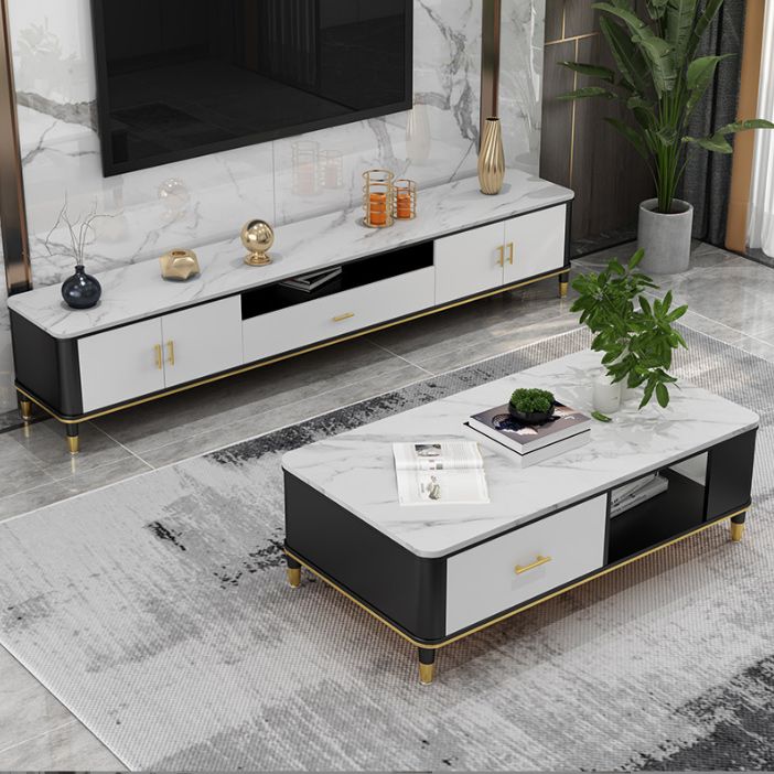 Witte stenen top tv-kast luxueuze 1-open plank tv-standconsole met kasten