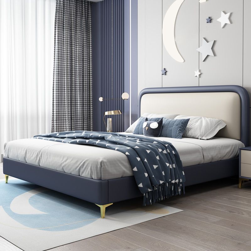 Letto standard blu in legno moderno con testiera rettangolare e gambe