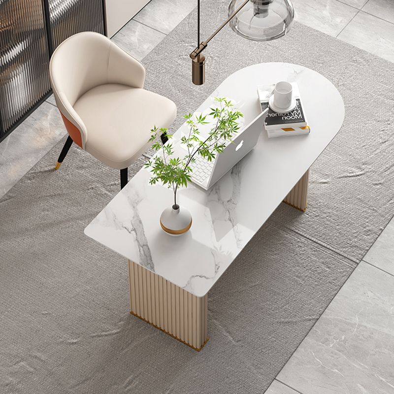 Glam Executive Desk Mirrored Peninsula Writing Desk in White Clearhalo 'furn' 'furn_office_desk' 'Furniture' 'Office Desks' 'Office Furniture' 'office_desk' 1200x1200_ef24c592-1beb-4d5b-a240-b41072b66e9e