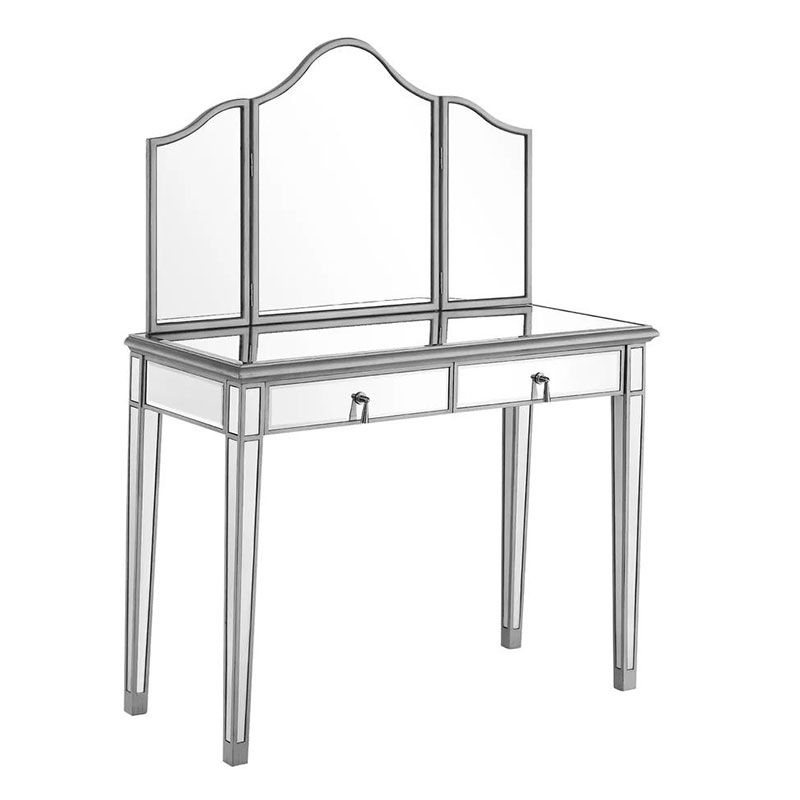 2 Drawers Mirrored Makeup Table and Stool Set Vanity for Women in Silver Clearhalo 'Bedroom Furniture' 'furn' 'furn_makeup_vanities' 'Furniture' 'Makeup Vanities' 'makeup_vanities' 1200x1200_ef32a295-2b3d-4f90-a634-35db095e3a3e