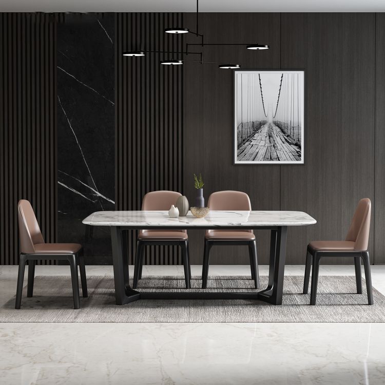 Table de dîner fixe en marbre rectangulaire de style simplicité avec base à tréteaux