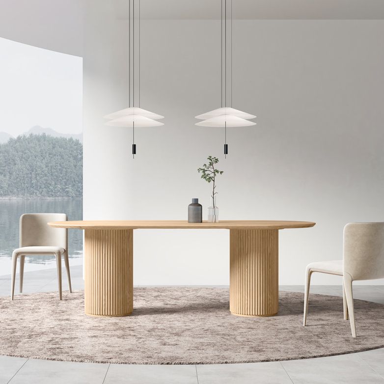 Natürlicher ovaler Esstisch aus massivem Kiefernholz, moderner Tisch mit Doppelsäule