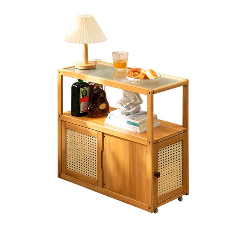 Asian Rectangular Side Table Glass Top End Table with Cabinet