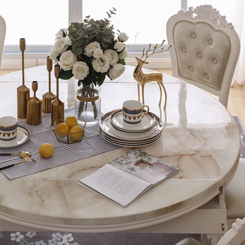 Round Faux Marble 4 Legs Dining Site Table in White with Drop-Leaf Clearhalo 'Dining Tables & Seating' 'Dining Tables' 'dining_table' 'furn' 'furn_dining_table' 'Furniture' 'Kitchen & Dining Furniture' 1200x1200_ef7cec49-e842-494e-bfec-c35cfd226f38