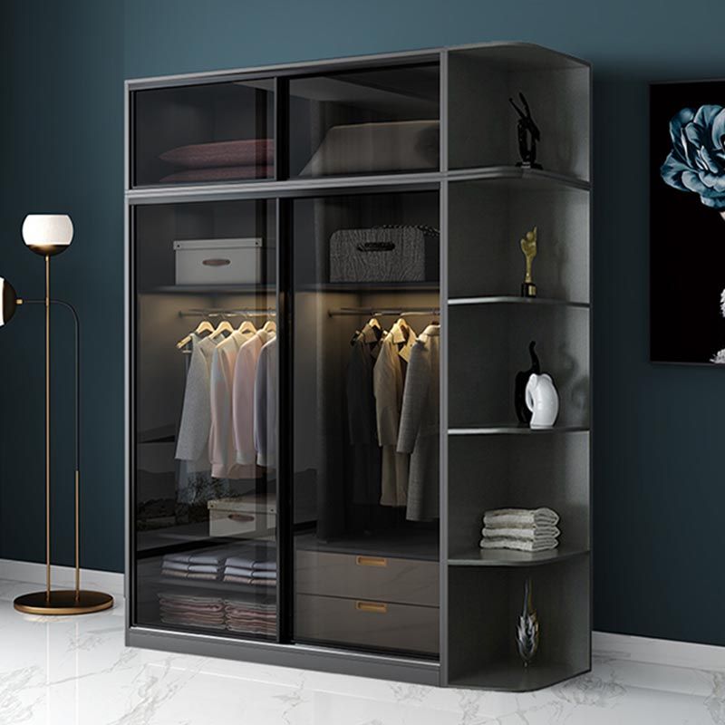 Black Wardrobe for Home Modern Style Cabinet with Glass Doors Clearhalo 'Armoires & Wardrobes' 'armoires_wardrobes' 'Bedroom Furniture' 'furn' 'furn_armoires_wardrobes' 'Furniture' 1200x1200_ef90084a-9a99-4ad5-8916-5332b385d591