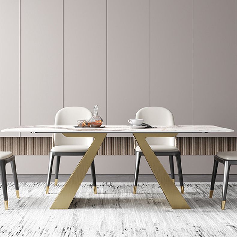 Traditional Luxury Rectangle Dining Room Table Sintered Stone Table with Gold Double Pedestal Clearhalo ' dining_table' 'Dining Tables & Seating' 'Dining Tables' 'furn' 'furn_dining_table' 'Furniture' 'furniture_dining_table' 'Kitchen & Dining Furniture' 'kitchen&dining_furn' 'kitchen' 'kitchen_dining_table' 1200x1200_ef97ff5e-88f9-4aa5-a7cc-e7495b3cf605