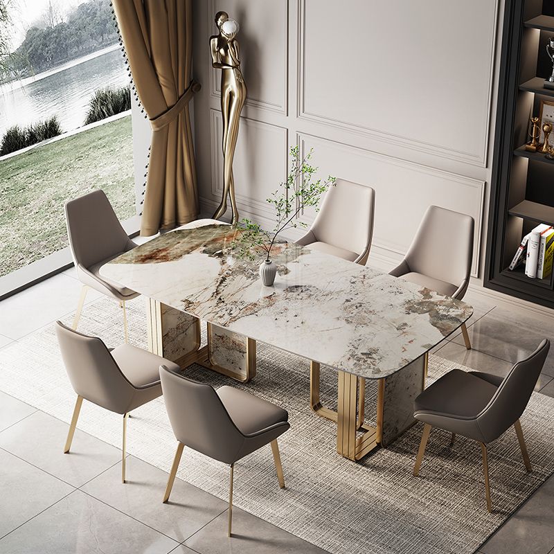 金の金属二重台座付きの豪華な焼結石トップテーブル長方形のテーブル